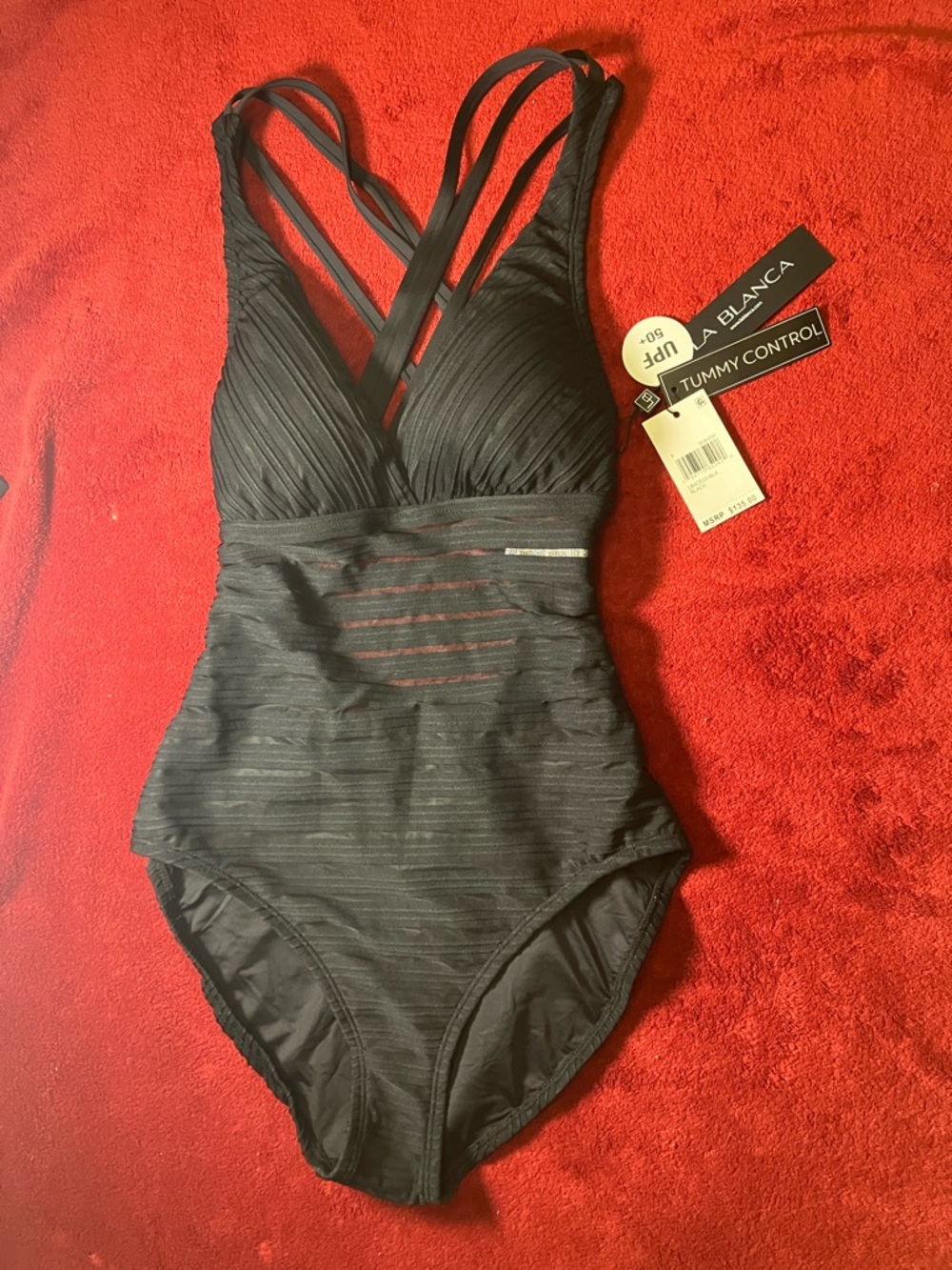 La Blanca Fluid Lines Multi-Strap Cross-Back One Piece w/ Mesh Detail, 6, Black